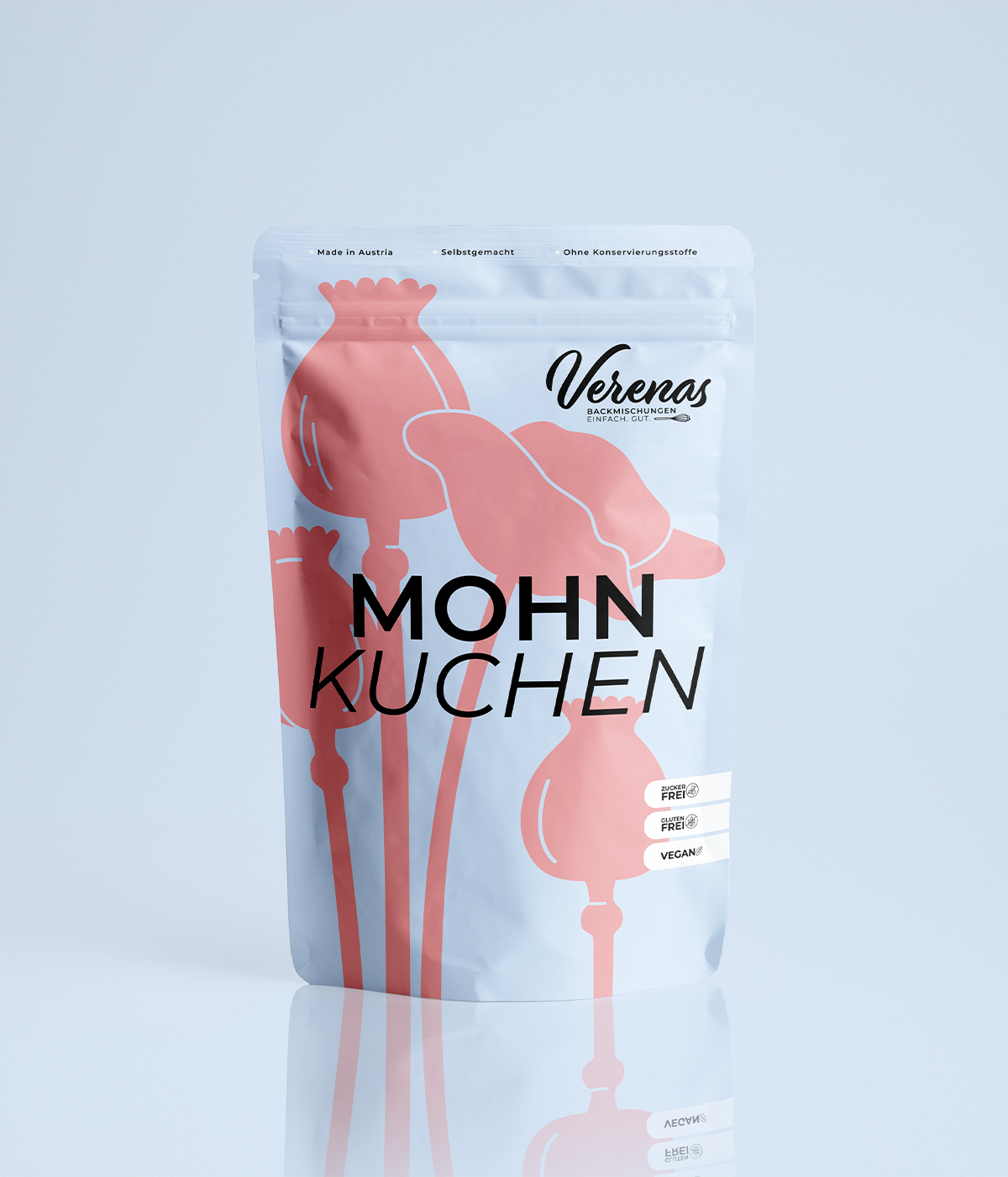 Packung vegane, glutenfreie und zuckerfreie Mohnkuchen-Backmischung von Verenas